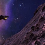 Another Morrigi ship flying near an asteroid.